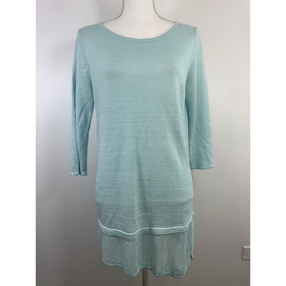 J JILL Pure Jill Aqua Linen Blend Mesh Hem Asymmetrical Tunic Sweater Small - Picture 1 of 6